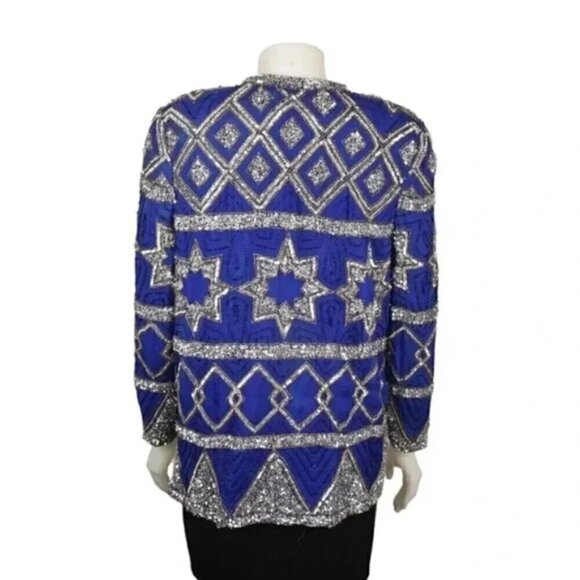 Vintage 80's Scarlet Rage Royal Blue Silver Stars Beaded Sequins Jacket Formal - Picture 7 of 14